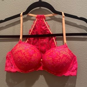 VS PINK hot pink with orange straps floral lace racerback, push up bra.